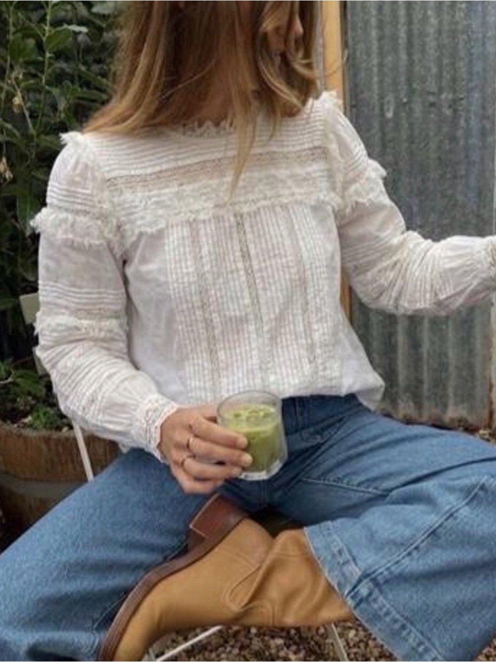 Women's White Lace Pintuck Peasant Blouse